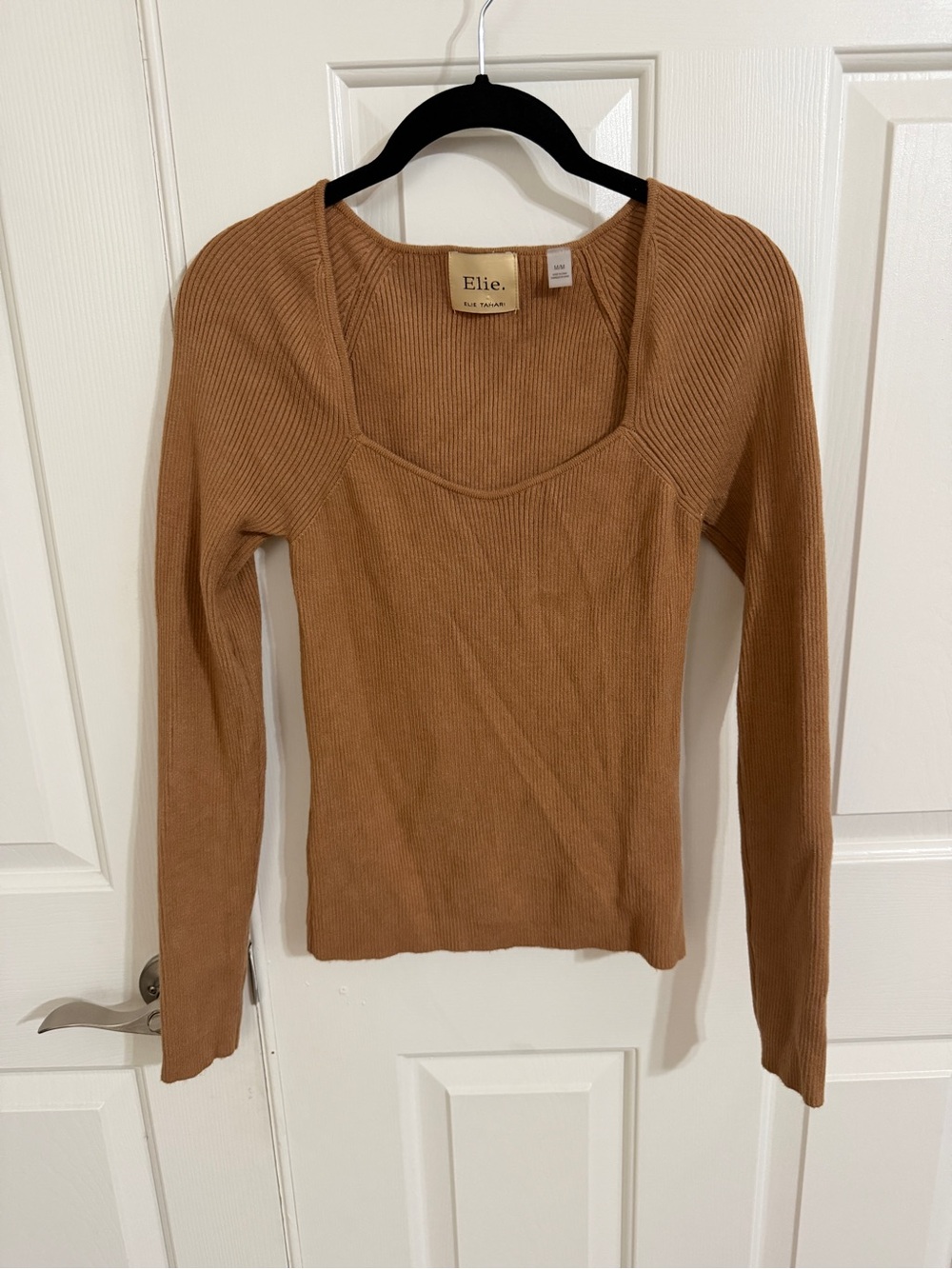 Elie by Elie Tahari Camel Ribbed Square Neck Sweater Size M